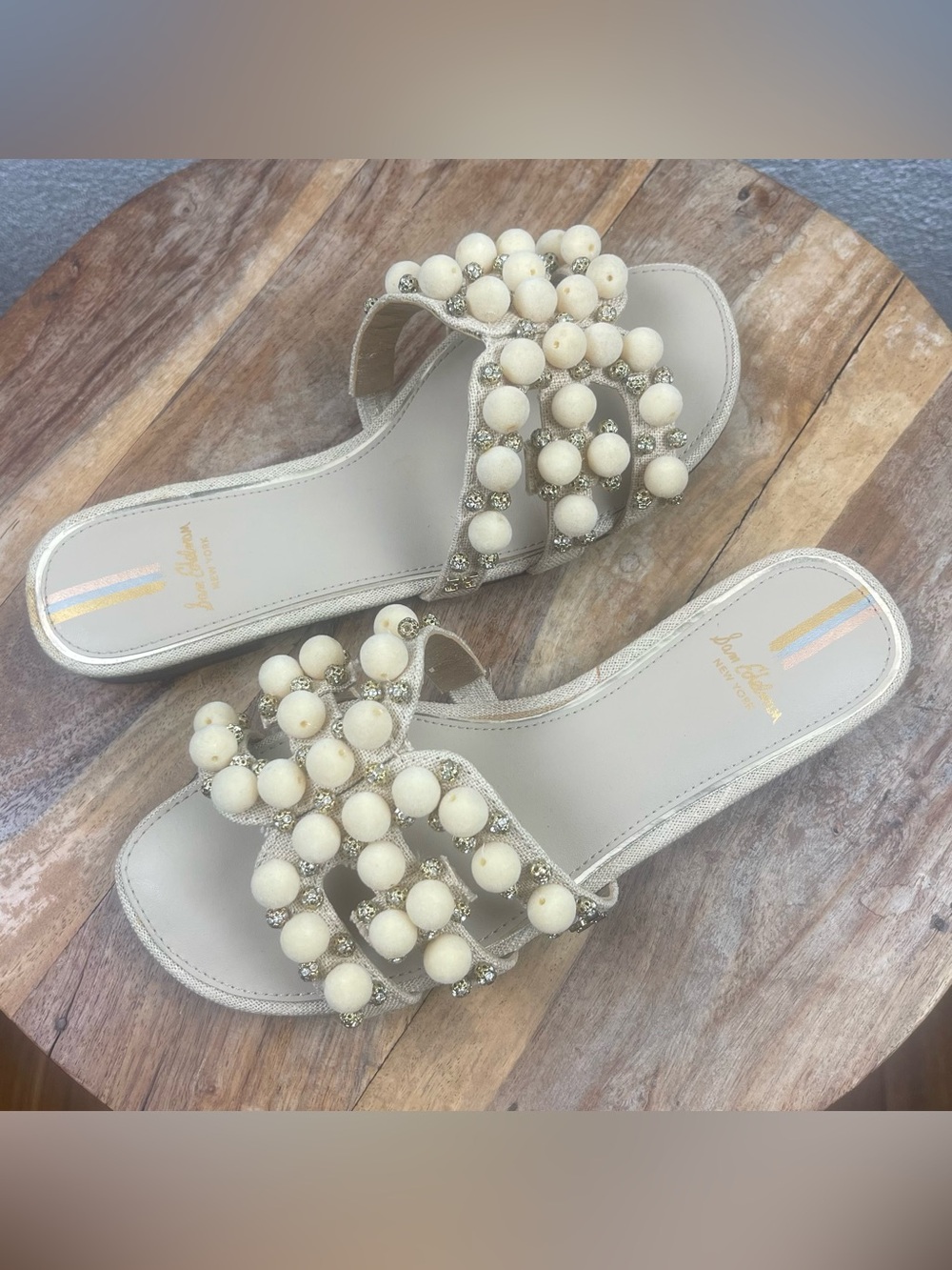 Sam Edelman l 6.5M Bay Pom Pom Sand Linen Resort Travel Vacation Sandals Slides